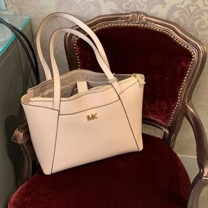 Michael Kors Powder Blush Medium Maddie Gold Hardware Zip Tote Handbag Purse